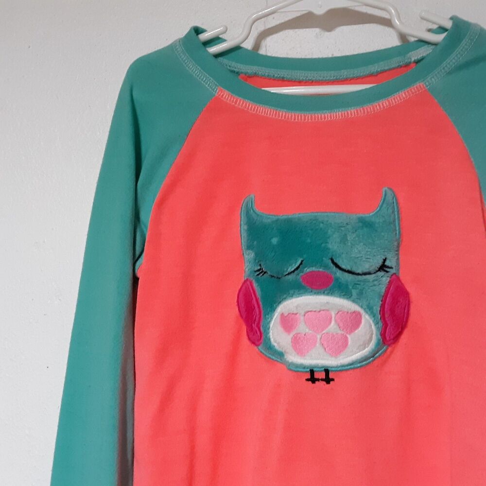 Owl Girls Pajama Top Shirt Medium 7/8 Pink Turquoise Blue Fuzzy Sleepwear Animal - Picture 2 of 9